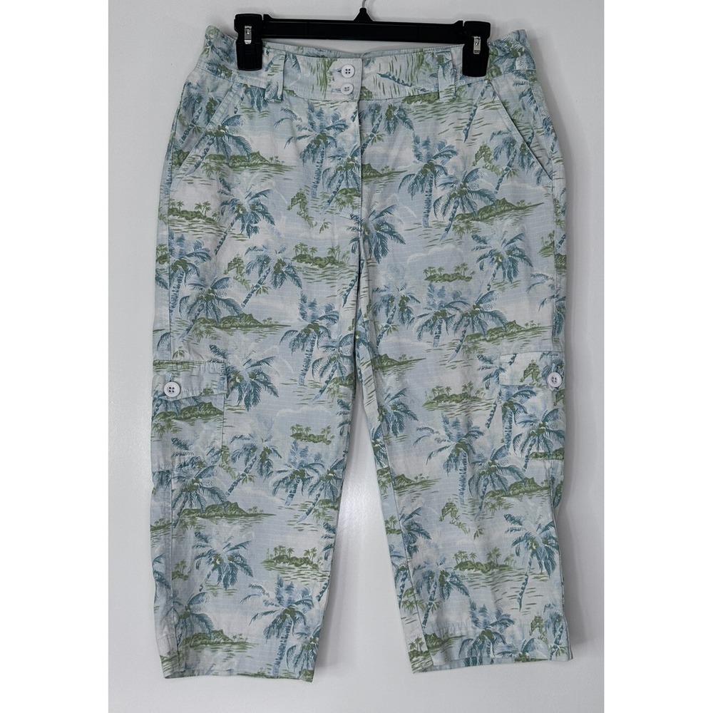 Vintage LL Bean Island Palm Print Capri‎ Pants Women's 10 Blue Green Cotton